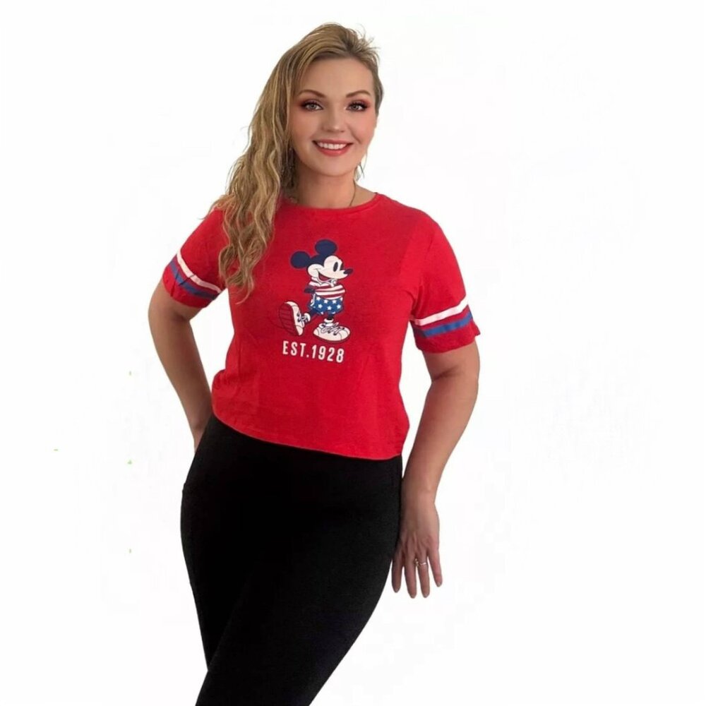 Licensed Disney Women's Mickey Mouse US Flag cropped T-shirt, XS, S,M,L,XL,2X